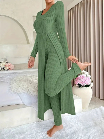 Conjunto De Dos Piezas Con Top Largo Y Pantalón Ajustado Para Mujer | Ideal Para Uso Diario Y Actividades Informales