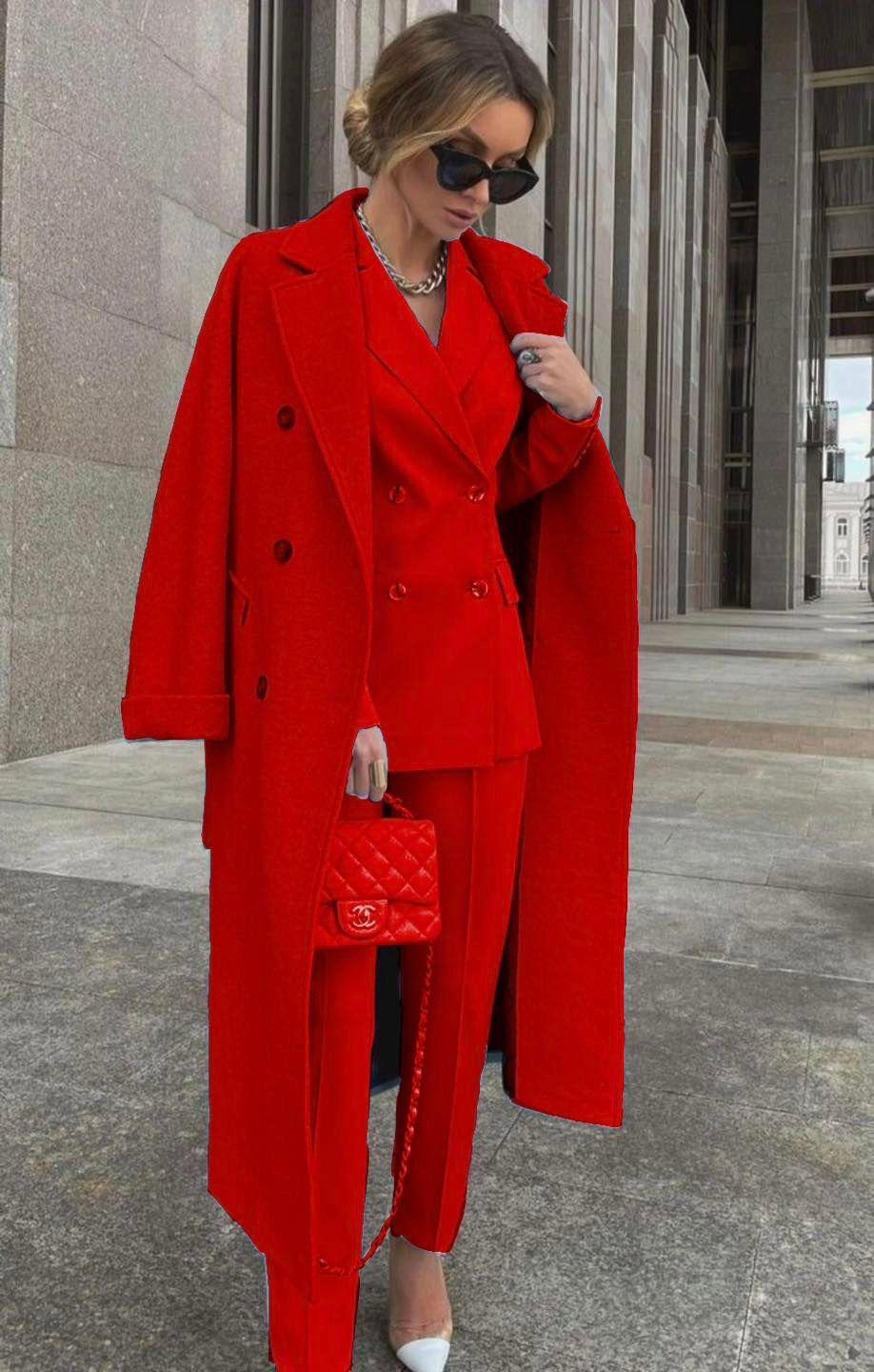 Conjunto De Tres Piezas Con Blazer Cruzado, Abrigo Largo Y Pantalón Para Mujer | Ideal Para Uso Profesional Y Formal