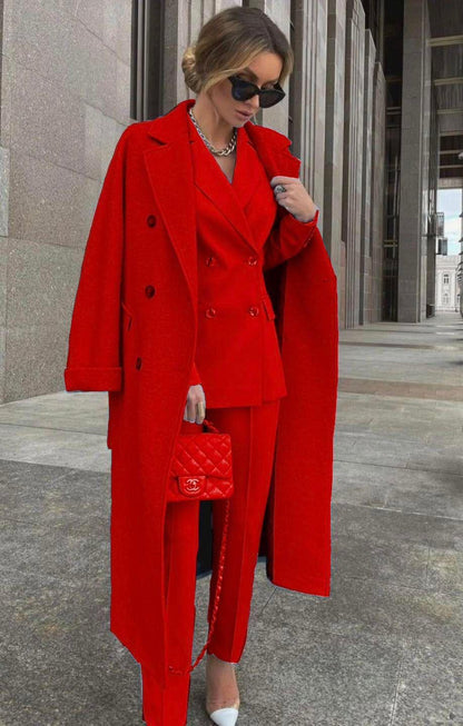 Conjunto De Tres Piezas Con Blazer Cruzado, Abrigo Largo Y Pantalón Para Mujer | Ideal Para Uso Profesional Y Formal