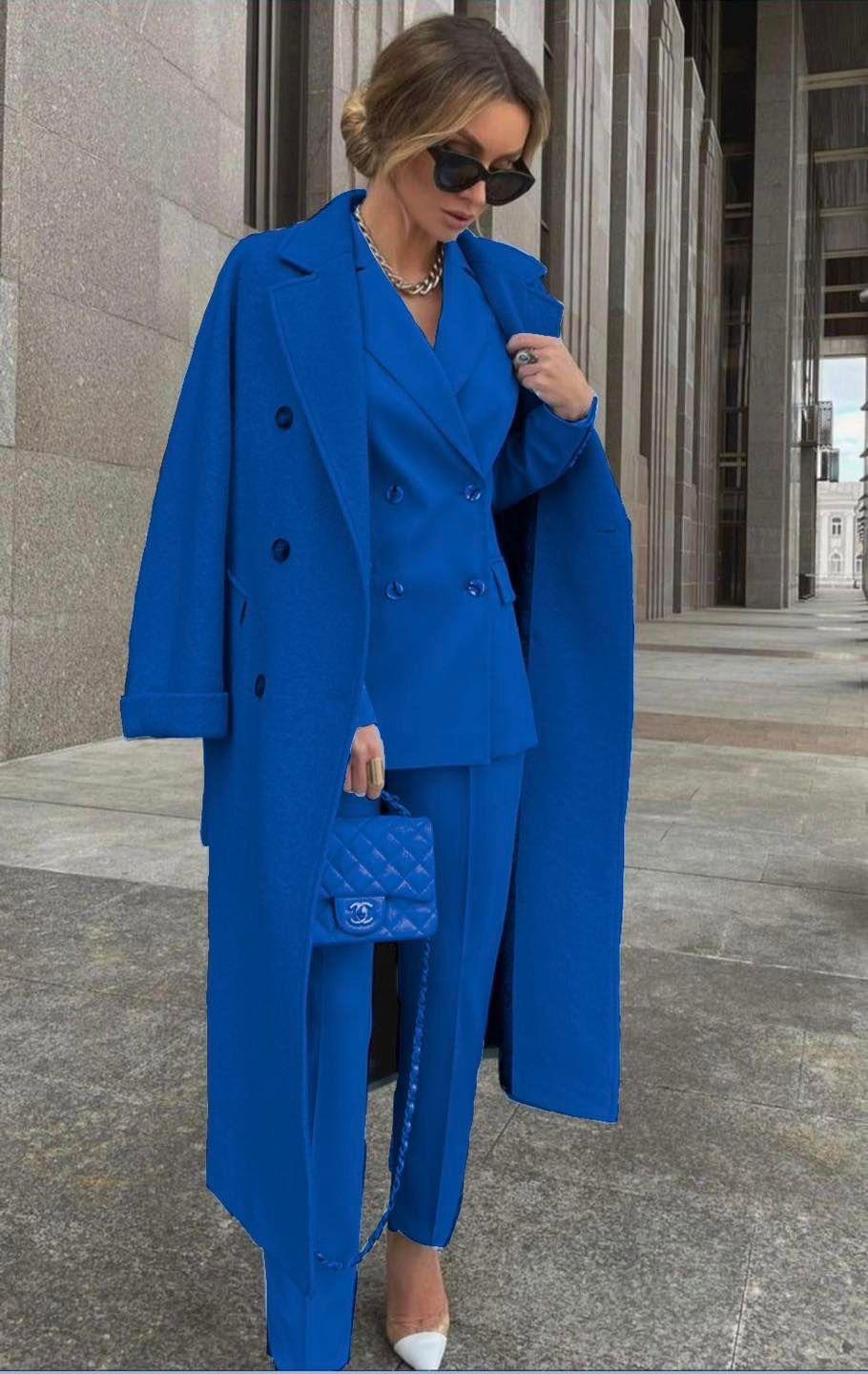 Conjunto De Tres Piezas Con Blazer Cruzado, Abrigo Largo Y Pantalón Para Mujer | Ideal Para Uso Profesional Y Formal