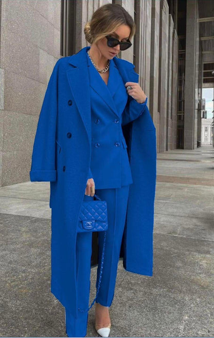 Conjunto De Tres Piezas Con Blazer Cruzado, Abrigo Largo Y Pantalón Para Mujer | Ideal Para Uso Profesional Y Formal