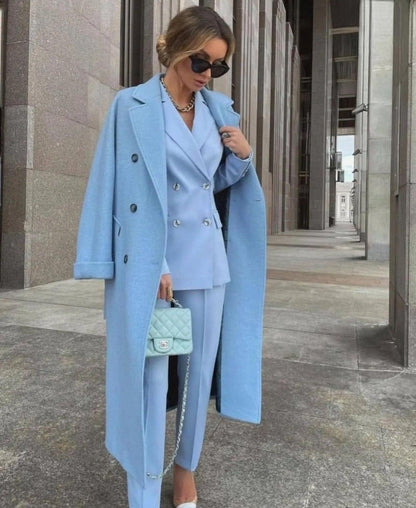 Conjunto De Tres Piezas Con Blazer Cruzado, Abrigo Largo Y Pantalón Para Mujer | Ideal Para Uso Profesional Y Formal