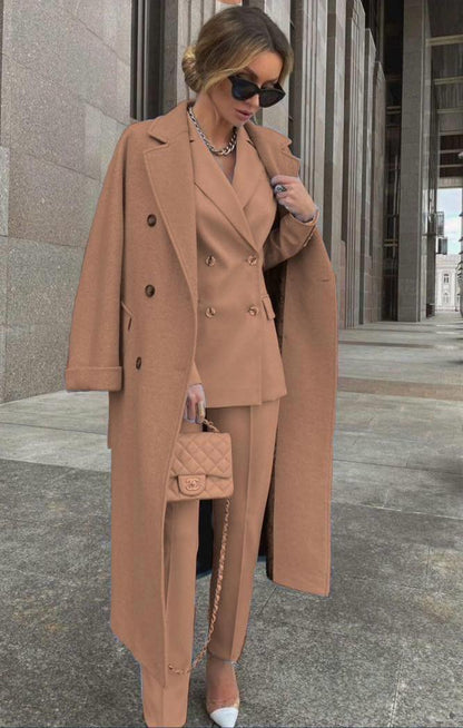 Conjunto De Tres Piezas Con Blazer Cruzado, Abrigo Largo Y Pantalón Para Mujer | Ideal Para Uso Profesional Y Formal