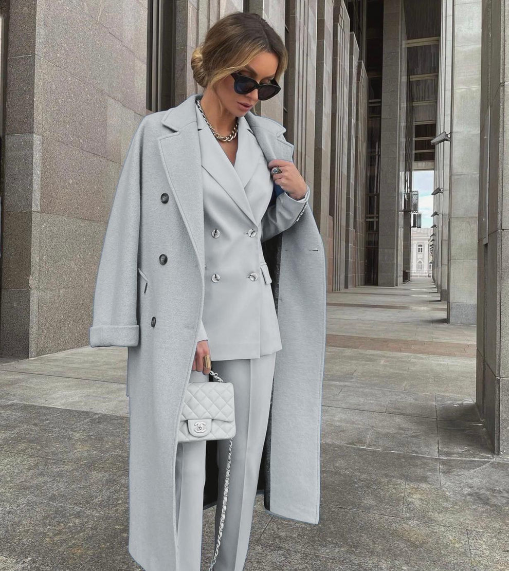 Conjunto De Tres Piezas Con Blazer Cruzado, Abrigo Largo Y Pantalón Para Mujer | Ideal Para Uso Profesional Y Formal