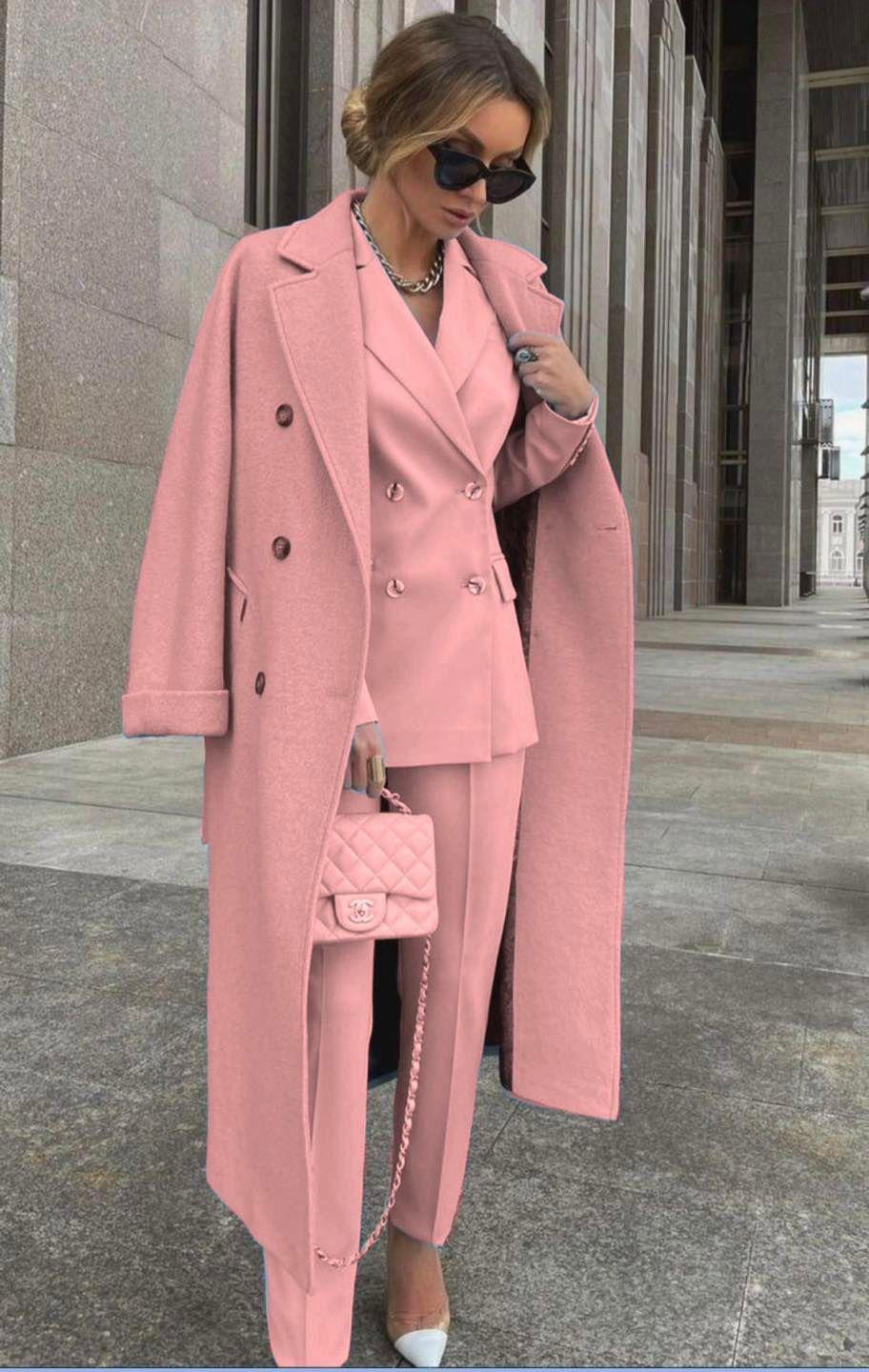 Conjunto De Tres Piezas Con Blazer Cruzado, Abrigo Largo Y Pantalón Para Mujer | Ideal Para Uso Profesional Y Formal