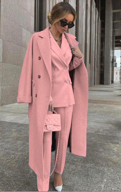 Conjunto De Tres Piezas Con Blazer Cruzado, Abrigo Largo Y Pantalón Para Mujer | Ideal Para Uso Profesional Y Formal