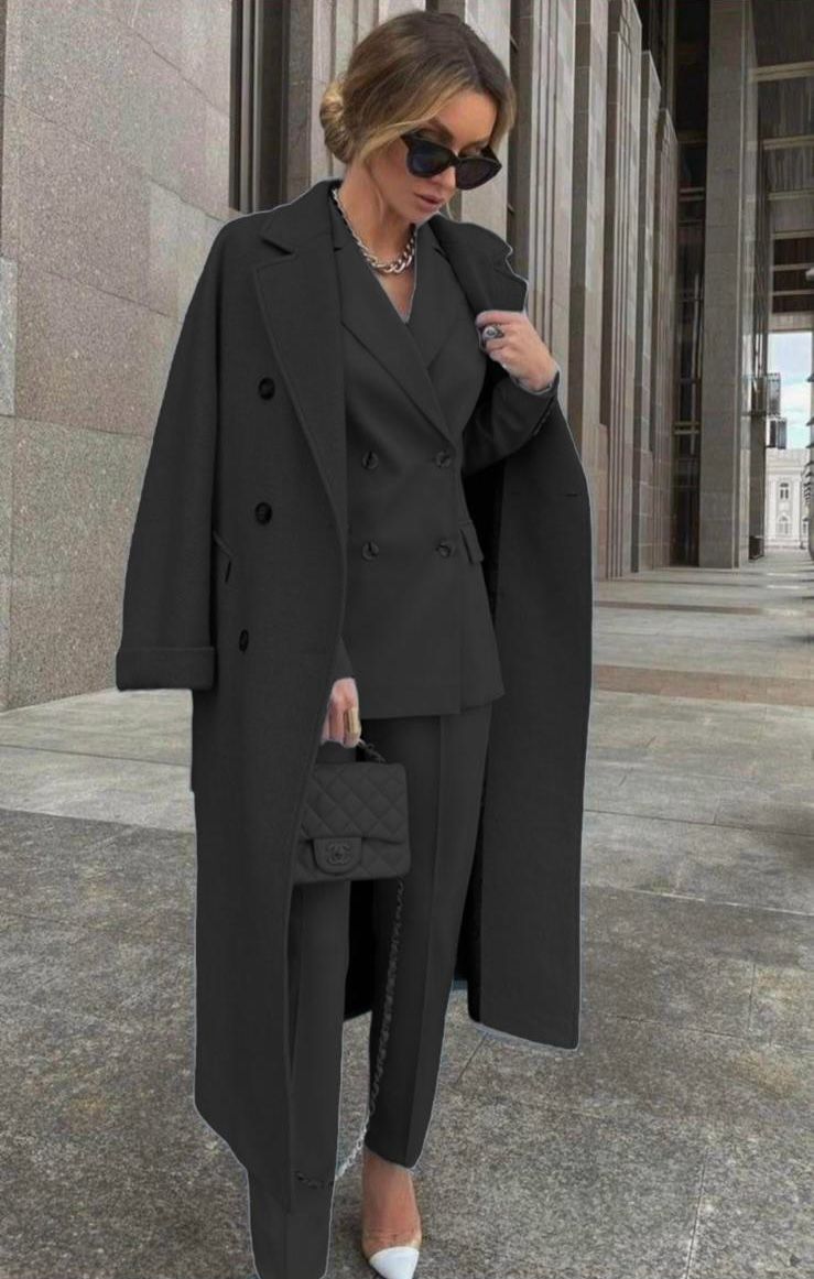 Conjunto De Tres Piezas Con Blazer Cruzado, Abrigo Largo Y Pantalón Para Mujer | Ideal Para Uso Profesional Y Formal