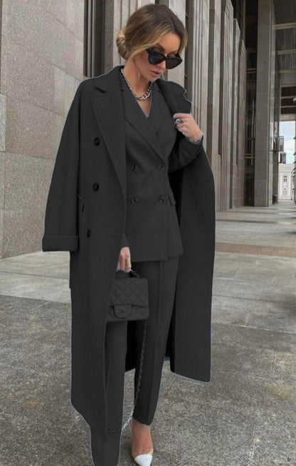 Conjunto De Tres Piezas Con Blazer Cruzado, Abrigo Largo Y Pantalón Para Mujer | Ideal Para Uso Profesional Y Formal