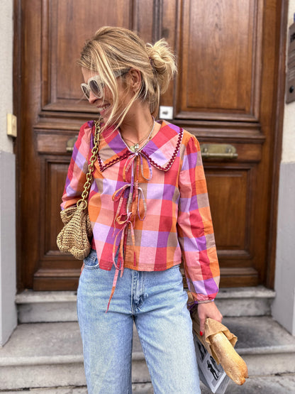 Blusa Con Estampado De Cuadros Y Cierre Frontal De Lazo Para Mujer | Ideal Para Uso Diario Y Actividades Informales