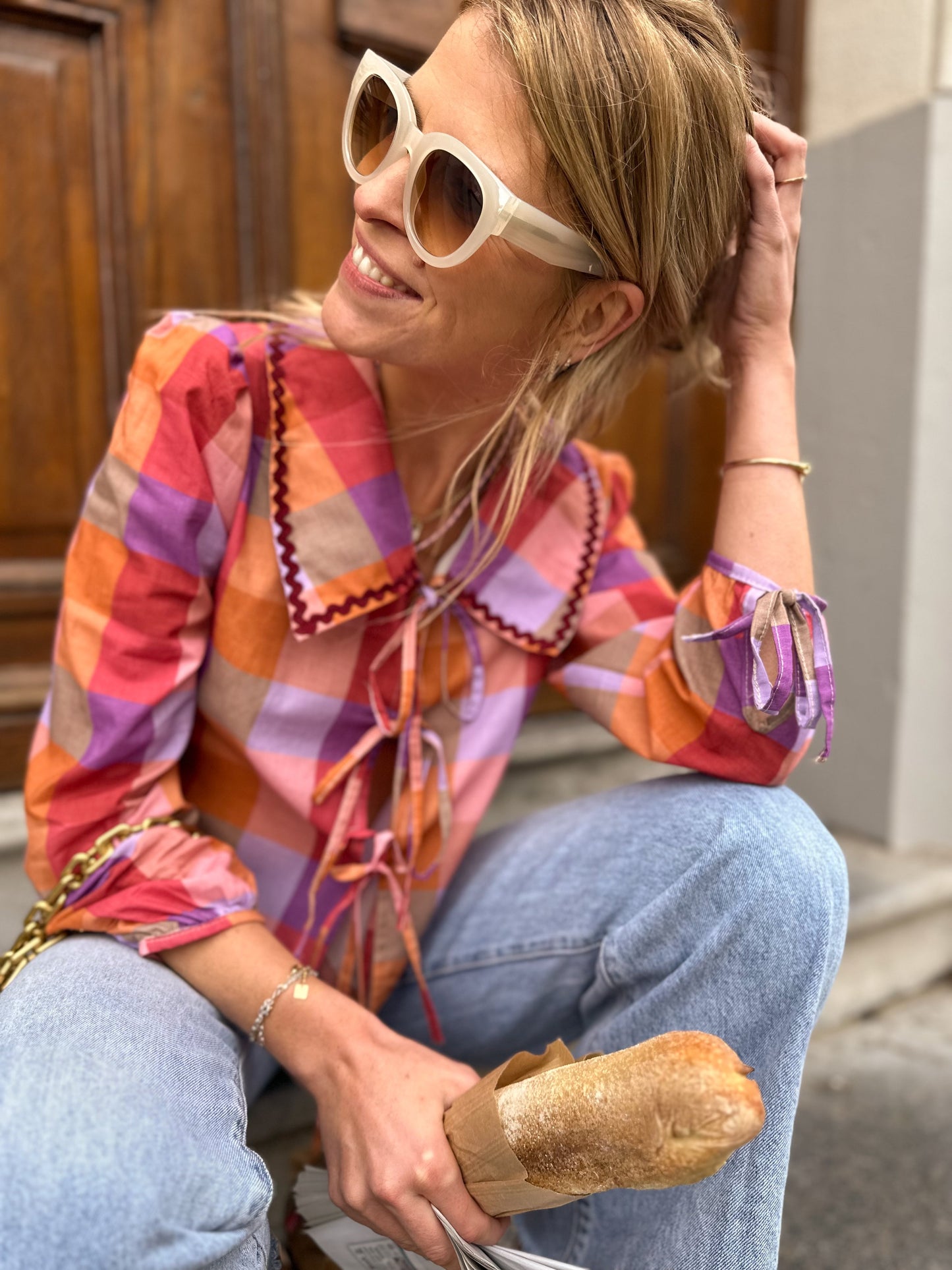 Blusa Con Estampado De Cuadros Y Cierre Frontal De Lazo Para Mujer | Ideal Para Uso Diario Y Actividades Informales