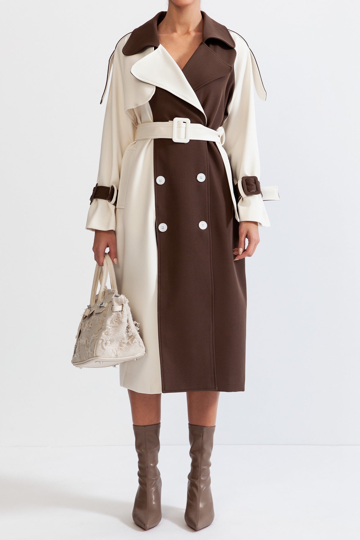 Trench Largo Bicolor con Cinturón para Mujer | Ideal para Entretiempo y Uso Profesional