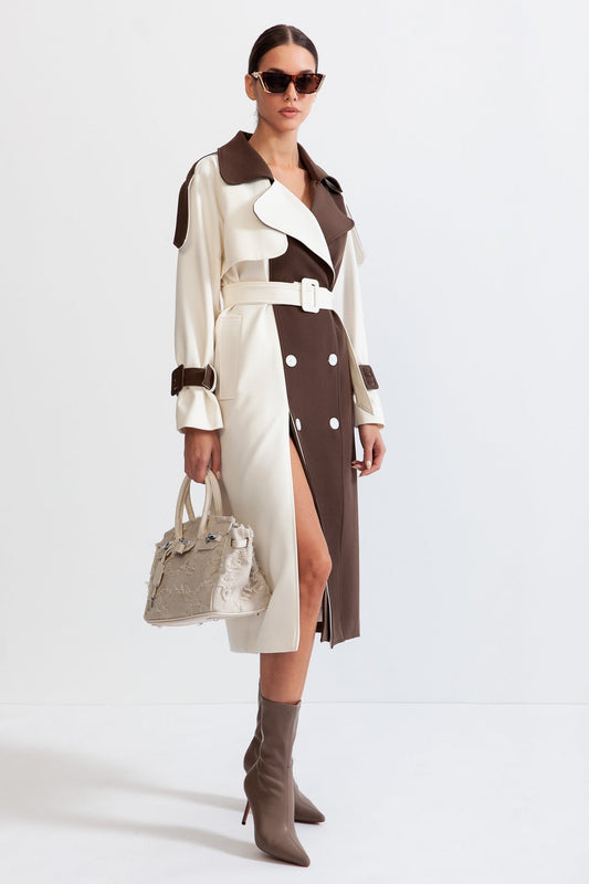 Trench Largo Bicolor con Cinturón para Mujer | Ideal para Entretiempo y Uso Profesional