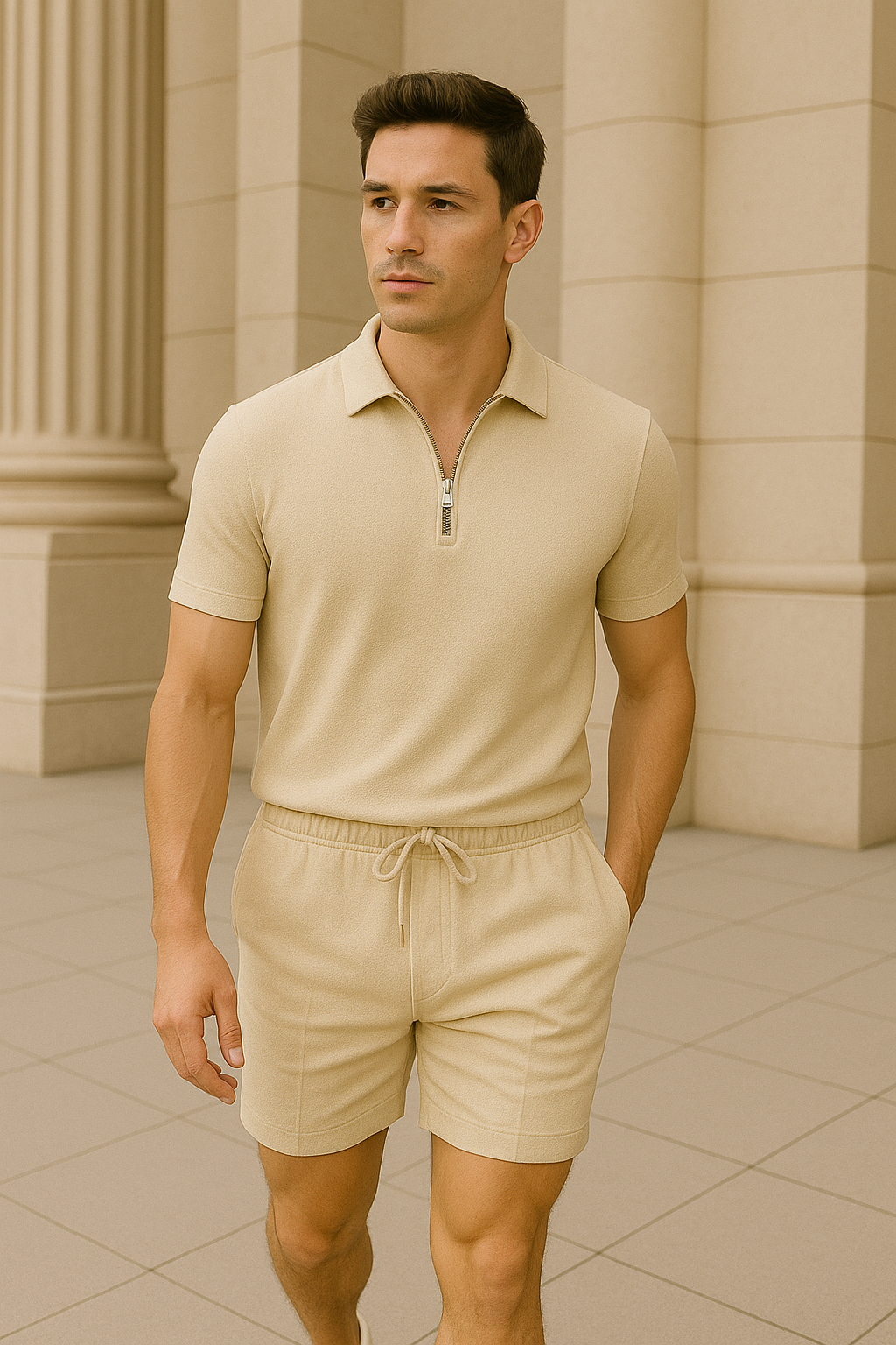 Conjunto Polo con Cuello con Cremallera y Shorts con Cintura Elástica para Adultos | Ideal para Uso Diario