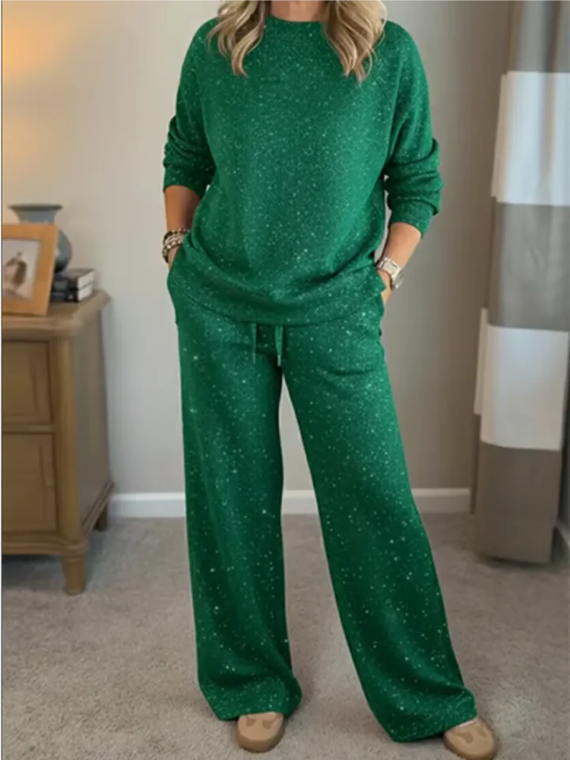 Conjunto de Dos Piezas con Top de Manga Larga y Pantalón de Pierna Ancha para Mujer | Ideal para Uso Diario Informal