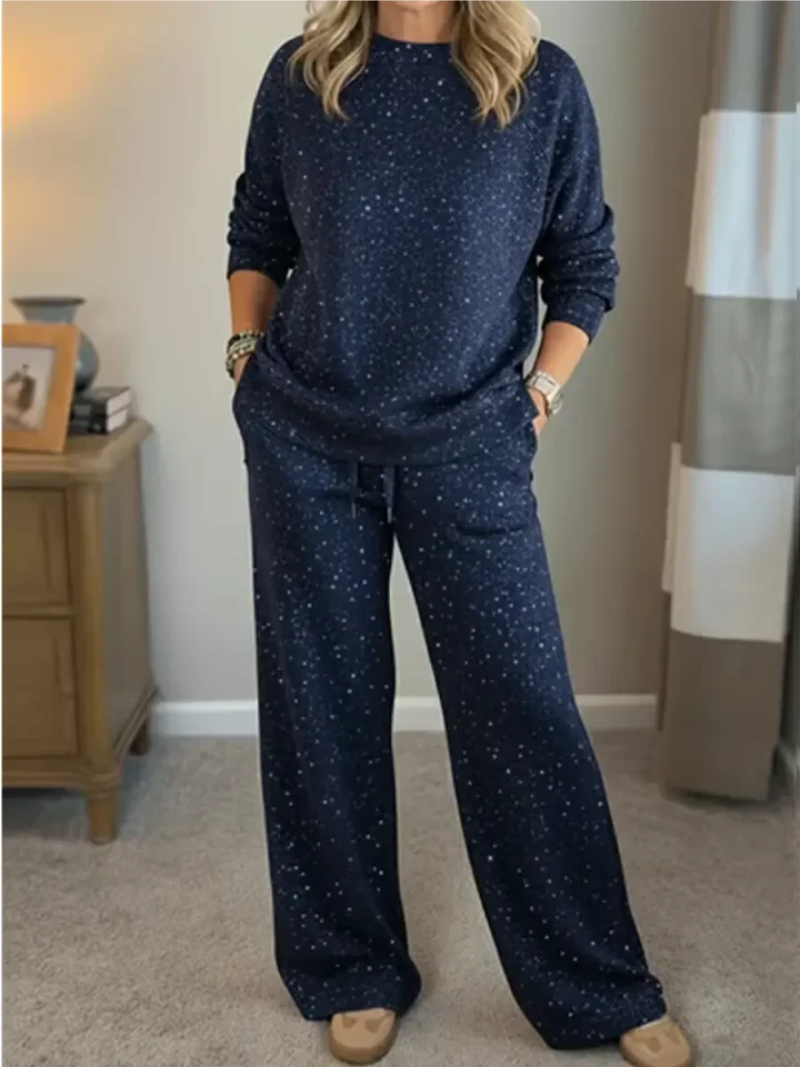 Conjunto de Dos Piezas con Top de Manga Larga y Pantalón de Pierna Ancha para Mujer | Ideal para Uso Diario Informal