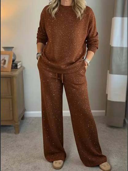 Conjunto de Dos Piezas con Top de Manga Larga y Pantalón de Pierna Ancha para Mujer | Ideal para Uso Diario Informal