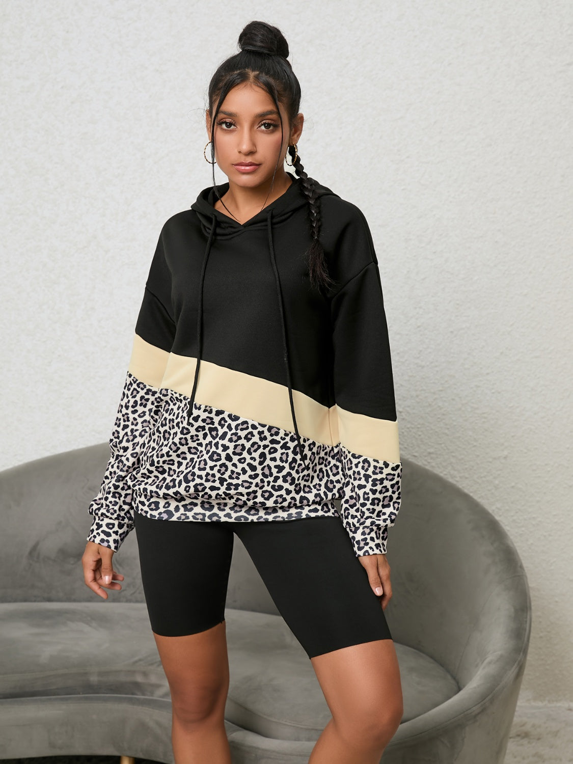 Sudadera Con Capucha, Estampado Leopardo y Bloques De Color Para Mujer | Ideal Para Uso Diario