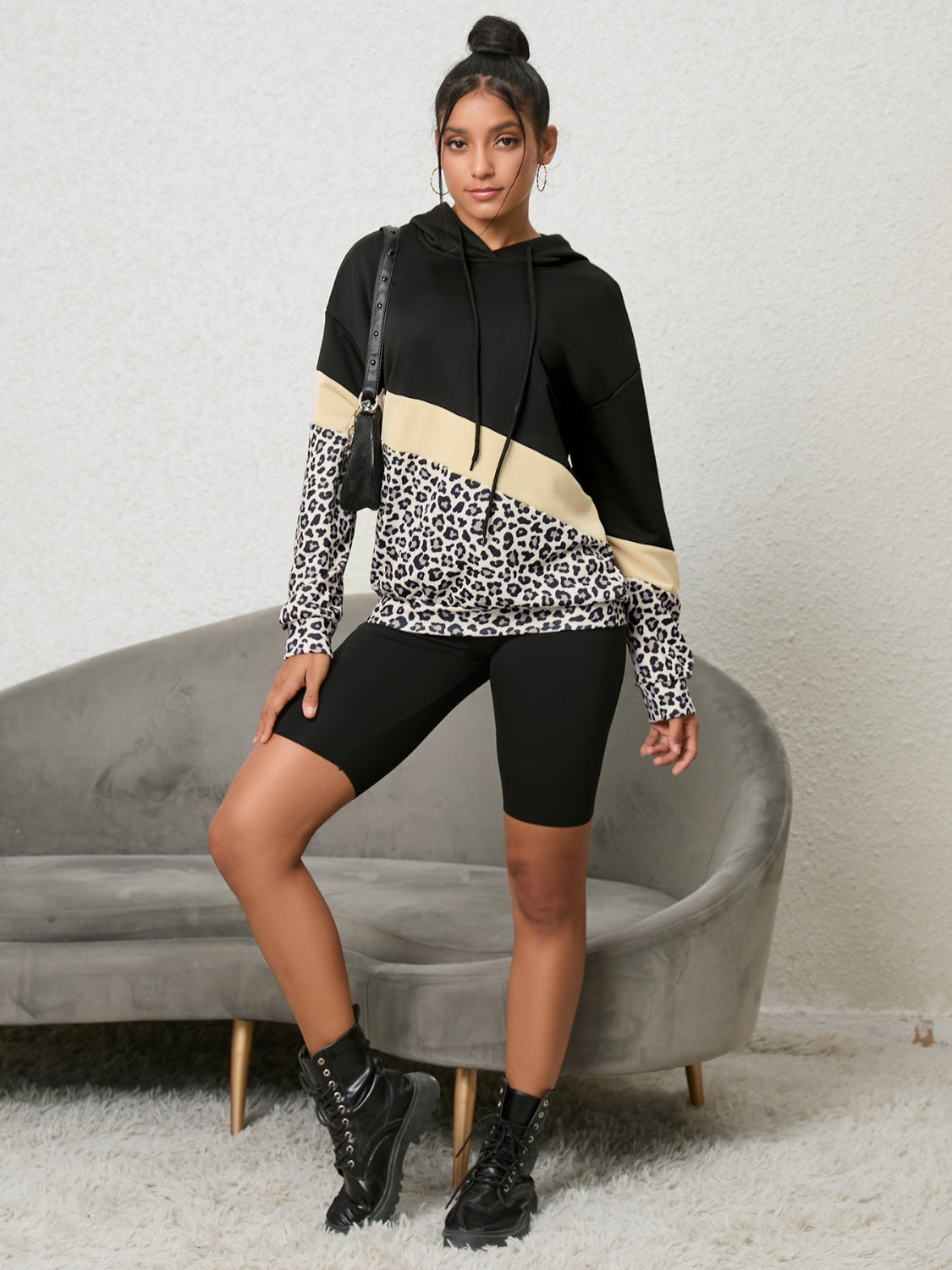 Sudadera Con Capucha, Estampado Leopardo y Bloques De Color Para Mujer | Ideal Para Uso Diario