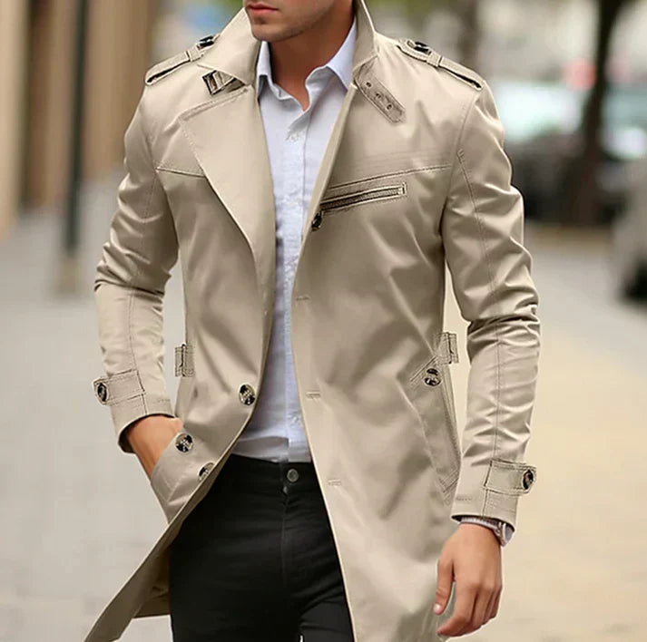 Trench Coat con Cierre de Botones y Cinturón Ajustable para Hombre | Ideal para Uso en Temporadas de Transición