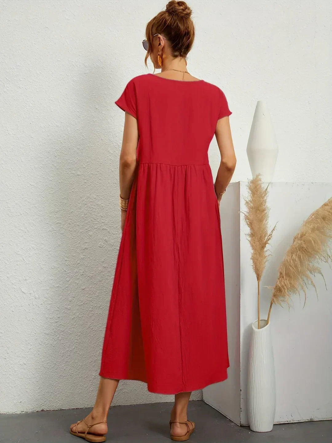 Vestido Midi Con Corte Trapecio, Mangas Cortas Y Bolsillos Laterales Para Mujer | Ideal Para Uso Diario