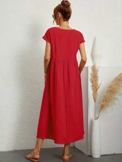 Vestido Midi Con Corte Trapecio, Mangas Cortas Y Bolsillos Laterales Para Mujer | Ideal Para Uso Diario