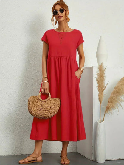 Vestido Midi Con Corte Trapecio, Mangas Cortas Y Bolsillos Laterales Para Mujer | Ideal Para Uso Diario