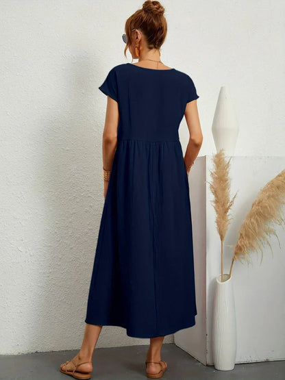 Vestido Midi Con Corte Trapecio, Mangas Cortas Y Bolsillos Laterales Para Mujer | Ideal Para Uso Diario