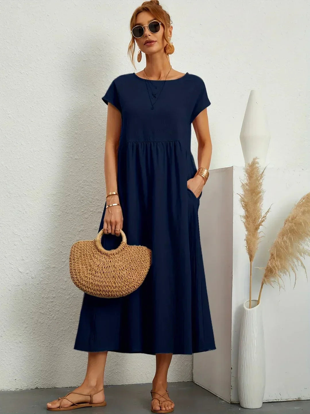 Vestido Midi Con Corte Trapecio, Mangas Cortas Y Bolsillos Laterales Para Mujer | Ideal Para Uso Diario