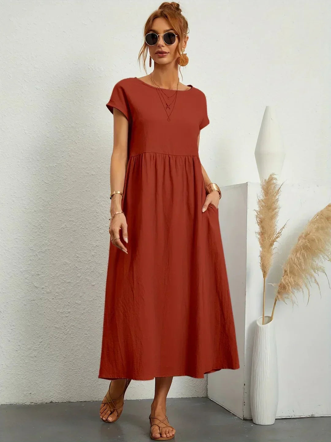 Vestido Midi Con Corte Trapecio, Mangas Cortas Y Bolsillos Laterales Para Mujer | Ideal Para Uso Diario