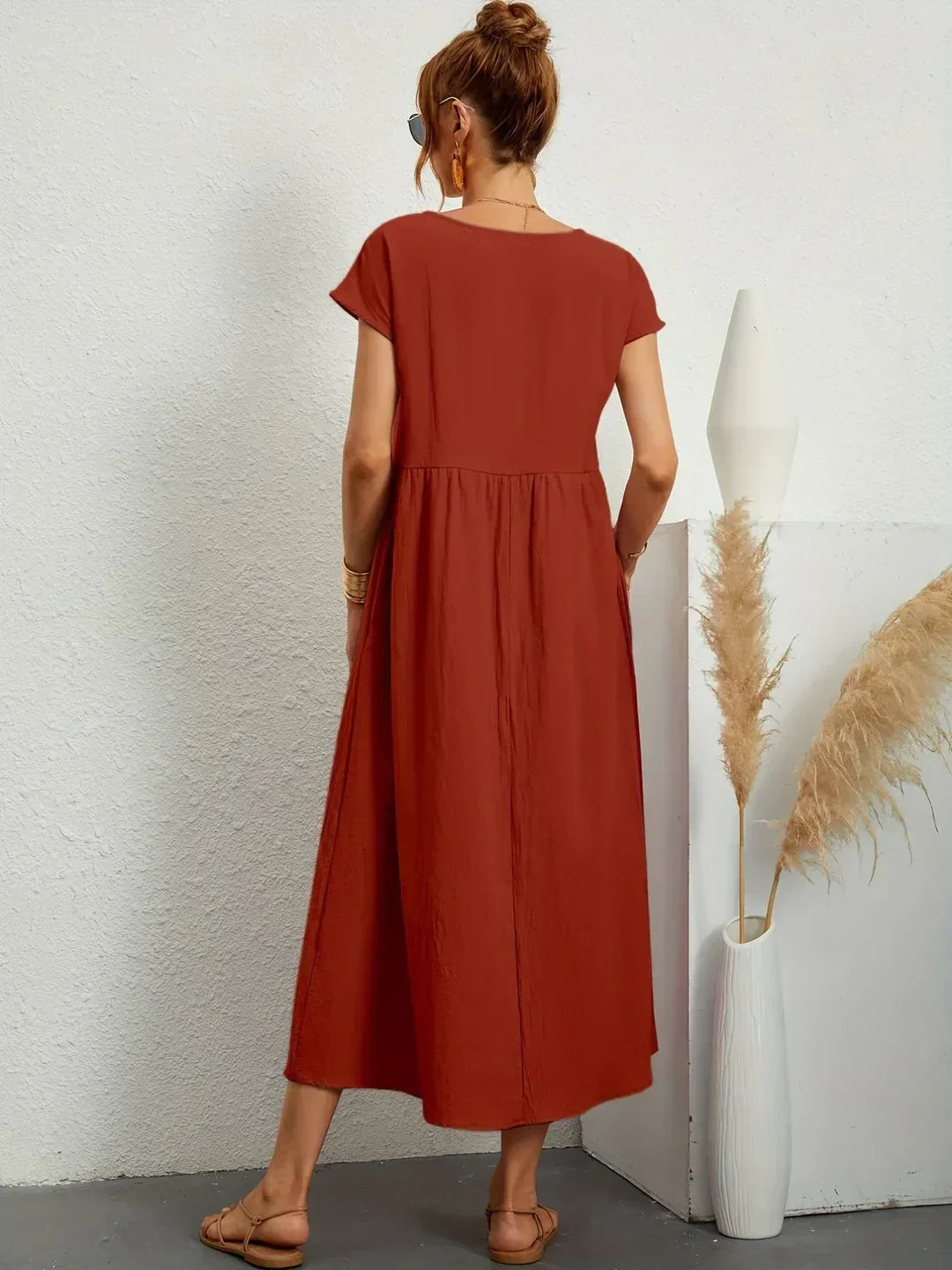 Vestido Midi Con Corte Trapecio, Mangas Cortas Y Bolsillos Laterales Para Mujer | Ideal Para Uso Diario