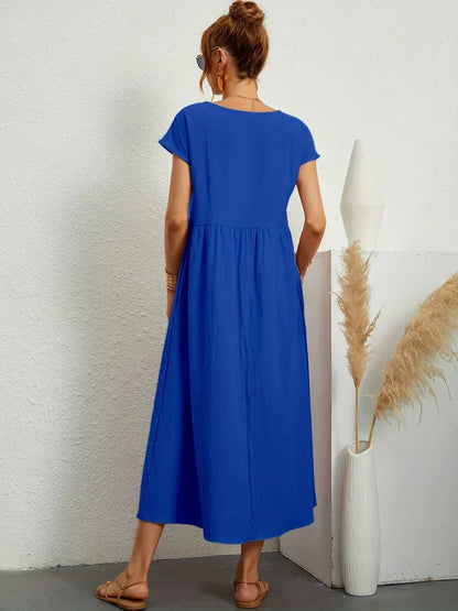 Vestido Midi Con Corte Trapecio, Mangas Cortas Y Bolsillos Laterales Para Mujer | Ideal Para Uso Diario