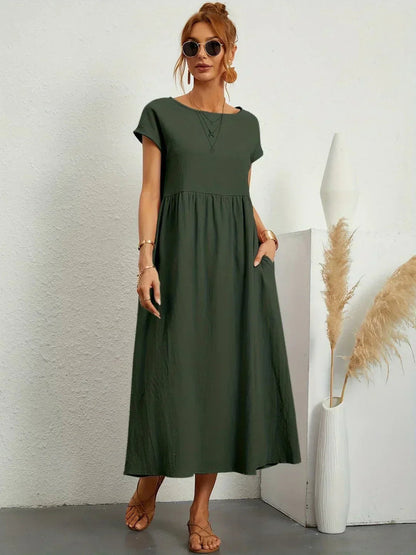 Vestido Midi Con Corte Trapecio, Mangas Cortas Y Bolsillos Laterales Para Mujer | Ideal Para Uso Diario