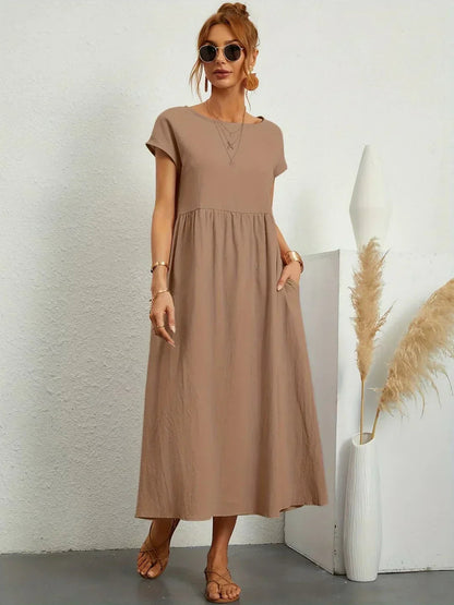 Vestido Midi Con Corte Trapecio, Mangas Cortas Y Bolsillos Laterales Para Mujer | Ideal Para Uso Diario