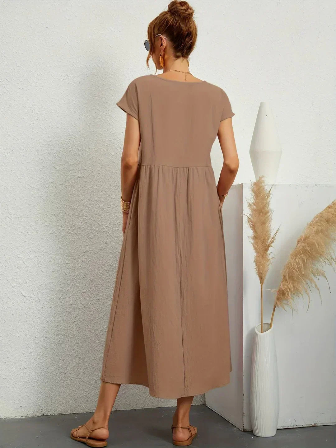Vestido Midi Con Corte Trapecio, Mangas Cortas Y Bolsillos Laterales Para Mujer | Ideal Para Uso Diario