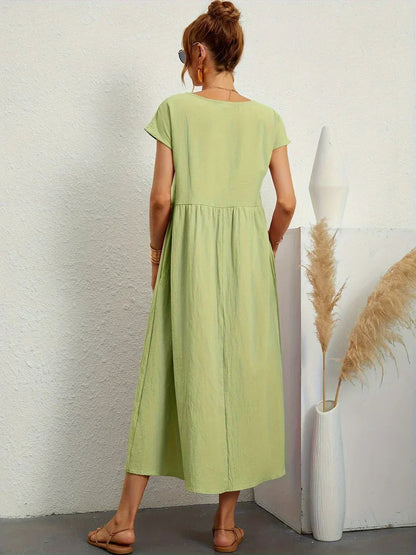 Vestido Midi Con Corte Trapecio, Mangas Cortas Y Bolsillos Laterales Para Mujer | Ideal Para Uso Diario