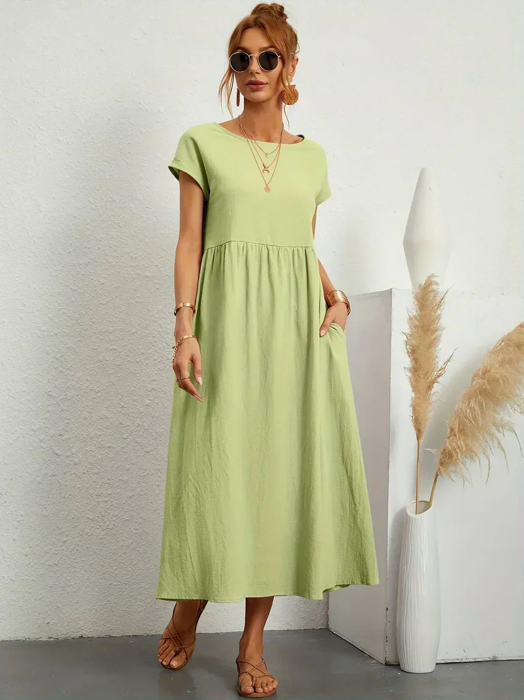 Vestido Midi Con Corte Trapecio, Mangas Cortas Y Bolsillos Laterales Para Mujer | Ideal Para Uso Diario