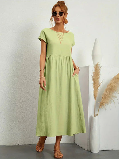 Vestido Midi Con Corte Trapecio, Mangas Cortas Y Bolsillos Laterales Para Mujer | Ideal Para Uso Diario