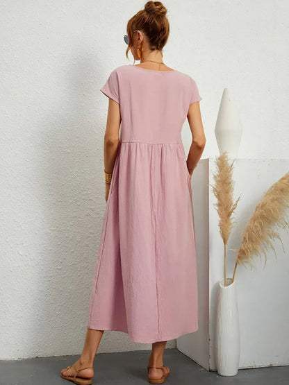 Vestido Midi Con Corte Trapecio, Mangas Cortas Y Bolsillos Laterales Para Mujer | Ideal Para Uso Diario