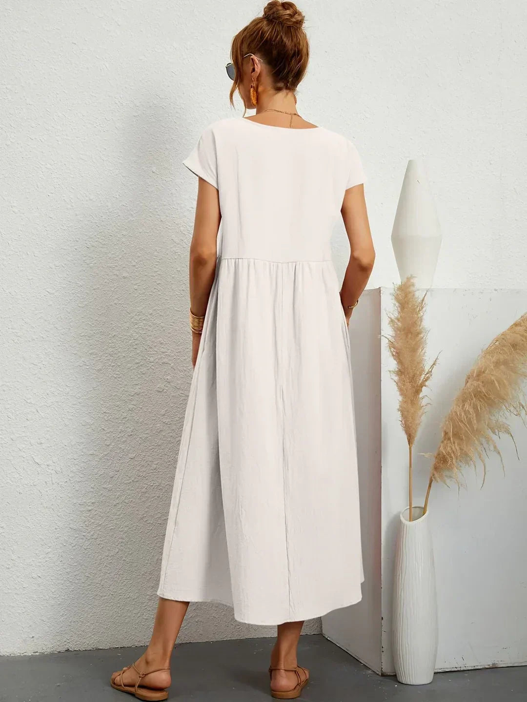 Vestido Midi Con Corte Trapecio, Mangas Cortas Y Bolsillos Laterales Para Mujer | Ideal Para Uso Diario