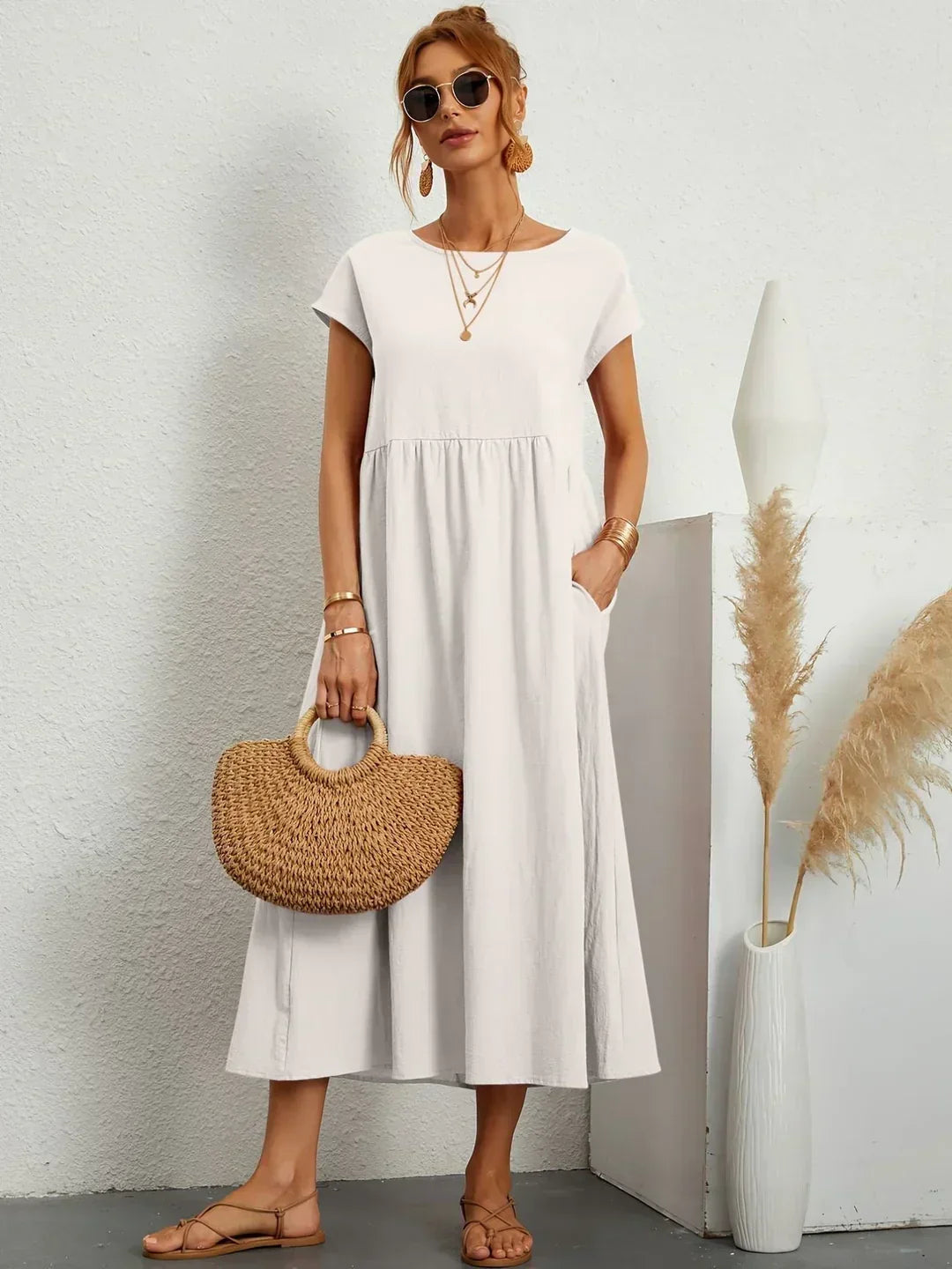 Vestido Midi Con Corte Trapecio, Mangas Cortas Y Bolsillos Laterales Para Mujer | Ideal Para Uso Diario