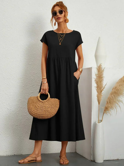 Vestido Midi Con Corte Trapecio, Mangas Cortas Y Bolsillos Laterales Para Mujer | Ideal Para Uso Diario