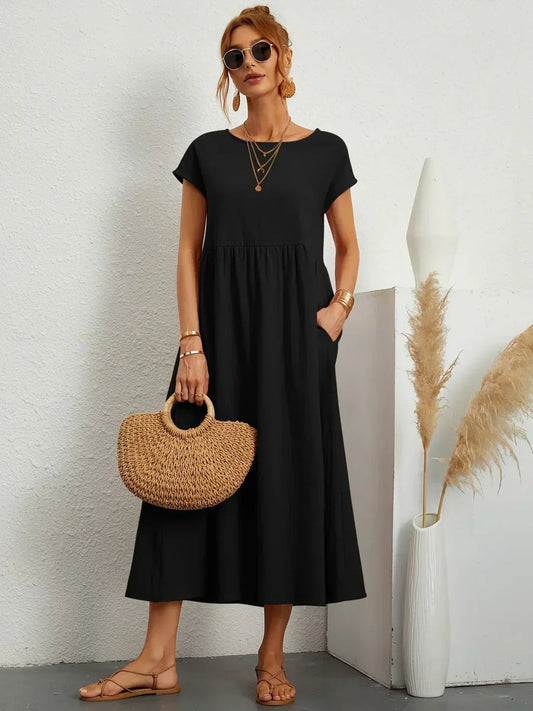 Vestido Midi Con Corte Trapecio, Mangas Cortas Y Bolsillos Laterales Para Mujer | Ideal Para Uso Diario