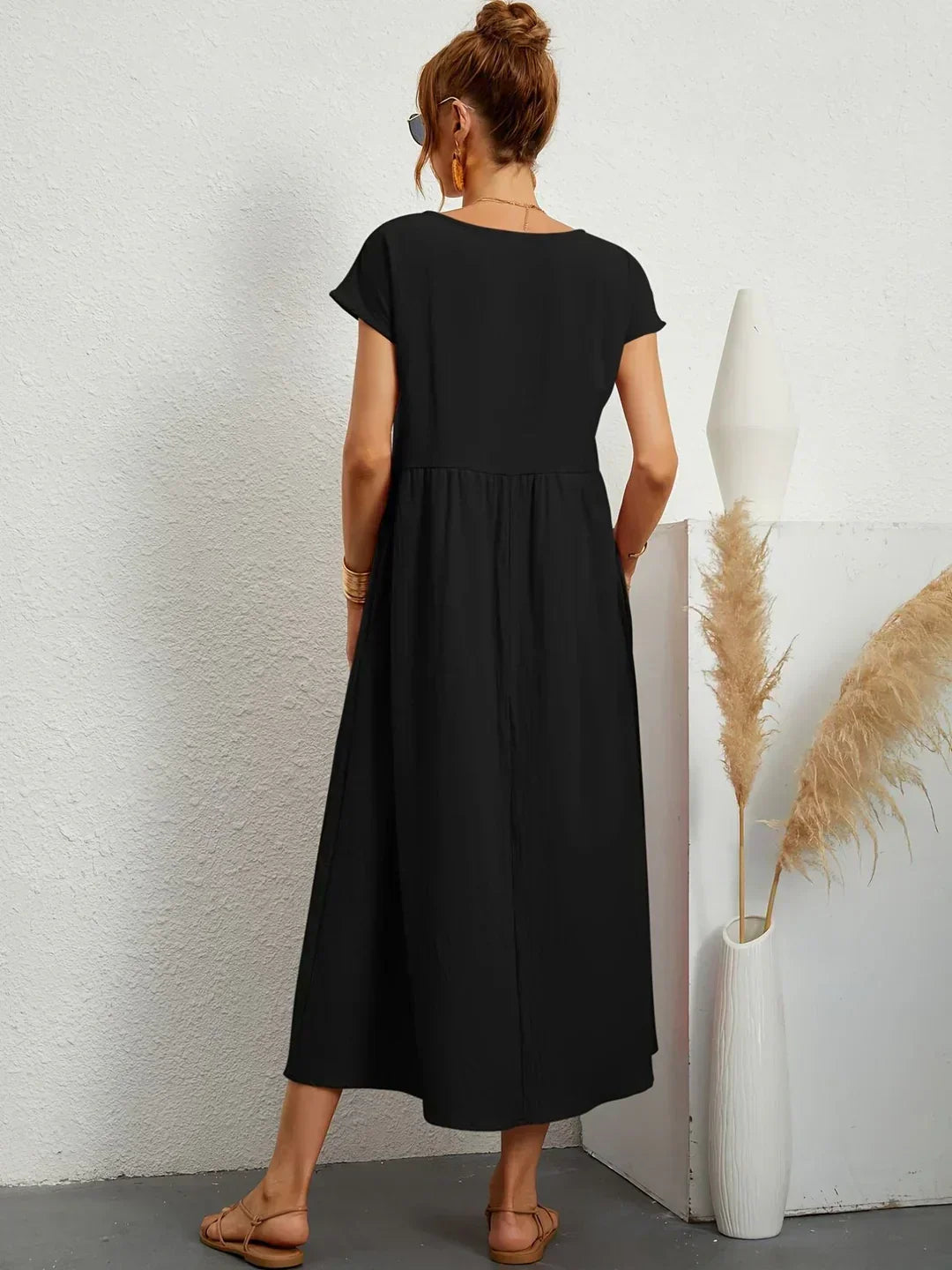 Vestido Midi Con Corte Trapecio, Mangas Cortas Y Bolsillos Laterales Para Mujer | Ideal Para Uso Diario