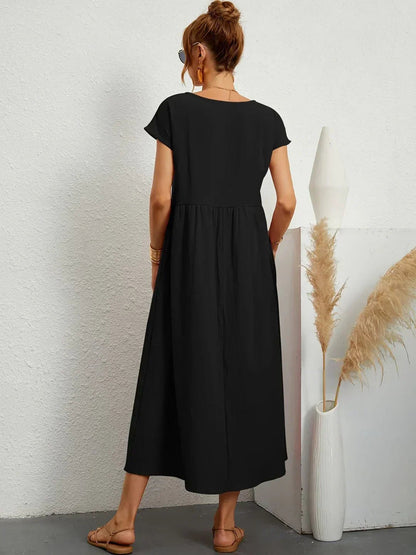 Vestido Midi Con Corte Trapecio, Mangas Cortas Y Bolsillos Laterales Para Mujer | Ideal Para Uso Diario