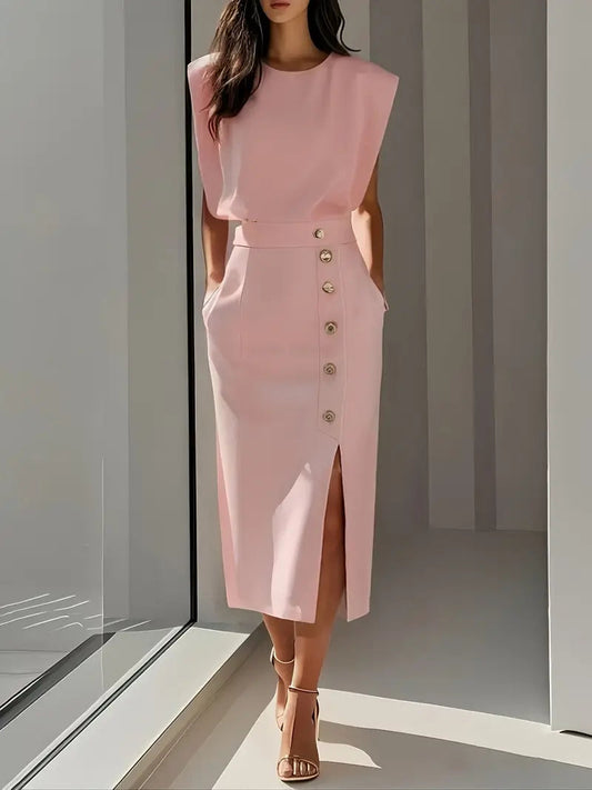 Vestido Midi Con Abertura Lateral Y Botones Decorativos Para Mujer | Ideal Para Uso Diario Y Diferentes Ocasiones