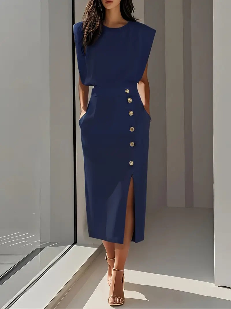 Vestido Midi Con Abertura Lateral Y Botones Decorativos Para Mujer | Ideal Para Uso Diario Y Diferentes Ocasiones
