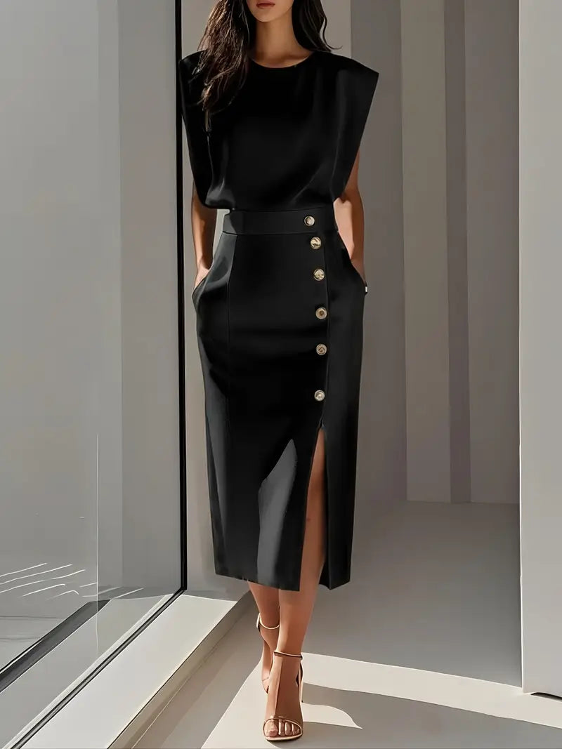 Vestido Midi Con Abertura Lateral Y Botones Decorativos Para Mujer | Ideal Para Uso Diario Y Diferentes Ocasiones
