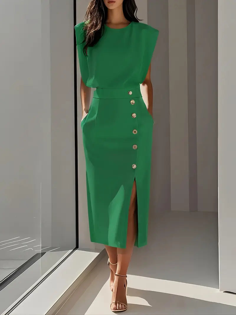 Vestido Midi Con Abertura Lateral Y Botones Decorativos Para Mujer | Ideal Para Uso Diario Y Diferentes Ocasiones
