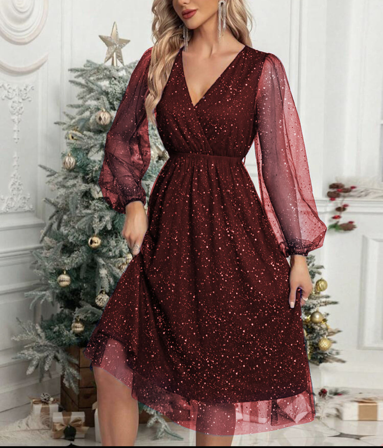 Vestido Midi con Cuello en V y Mangas Abullonadas Transparentes para Mujer | Ideal para Eventos y Recepciones