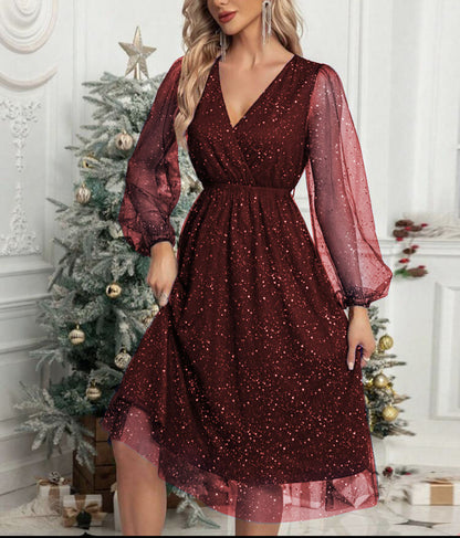 Vestido Midi con Cuello en V y Mangas Abullonadas Transparentes para Mujer | Ideal para Eventos y Recepciones
